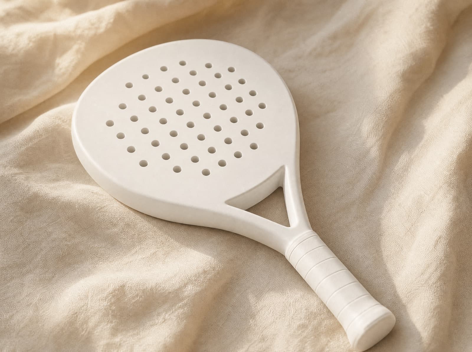 Blanco wit padel racket op een crème linnen ondergrond