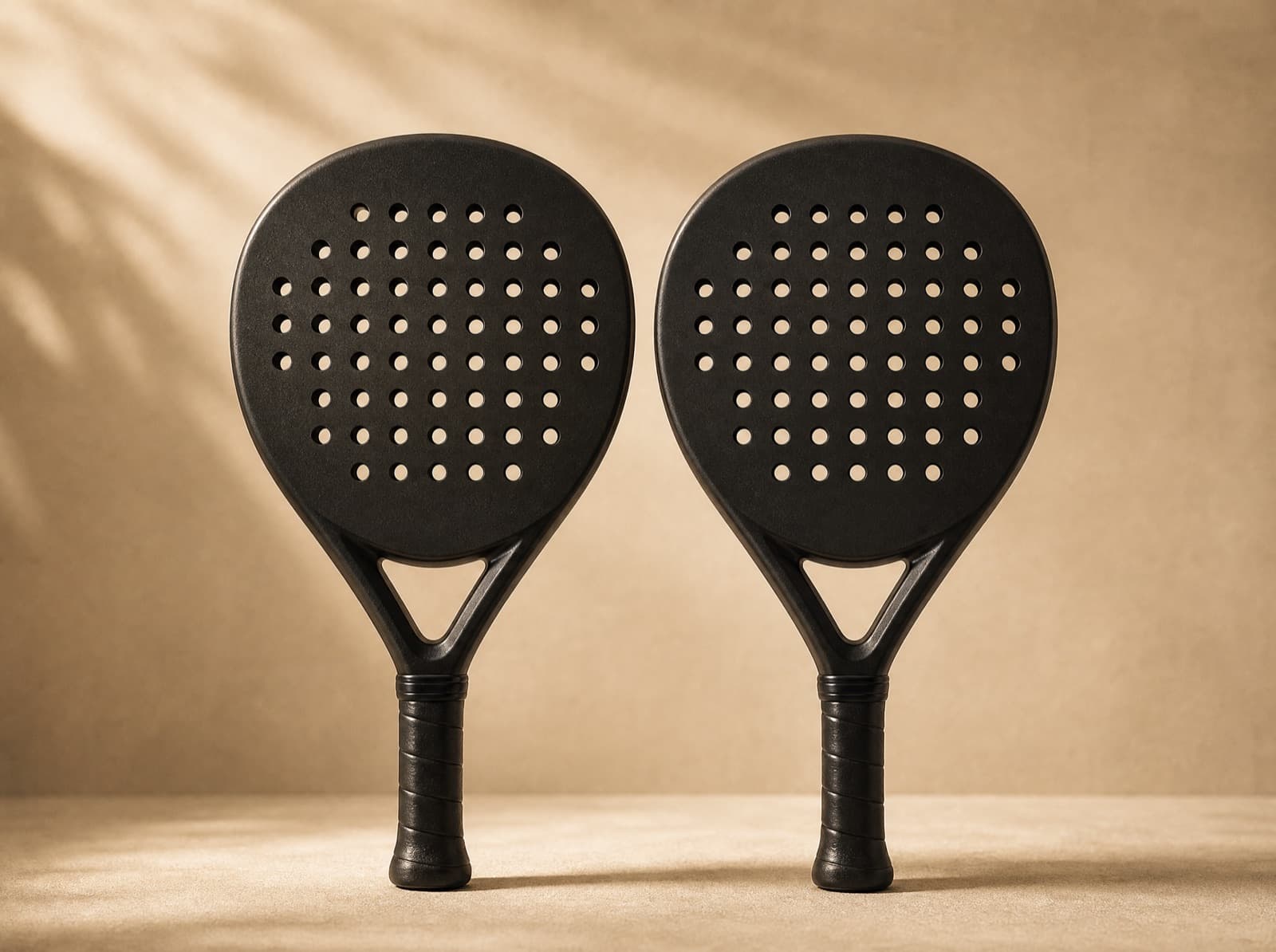 Twee custom padel rackets naast elkaar tegen een crèmekleurige achtergrond