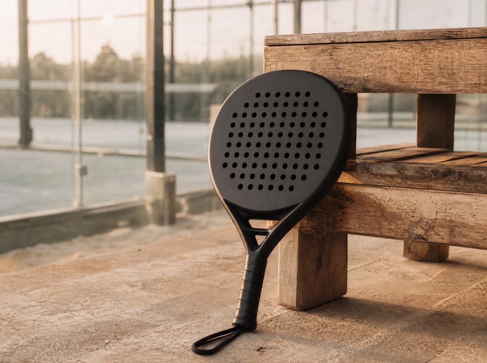 Custom padel racket tegen een houten bankje op een padelbaan bij gouden uur