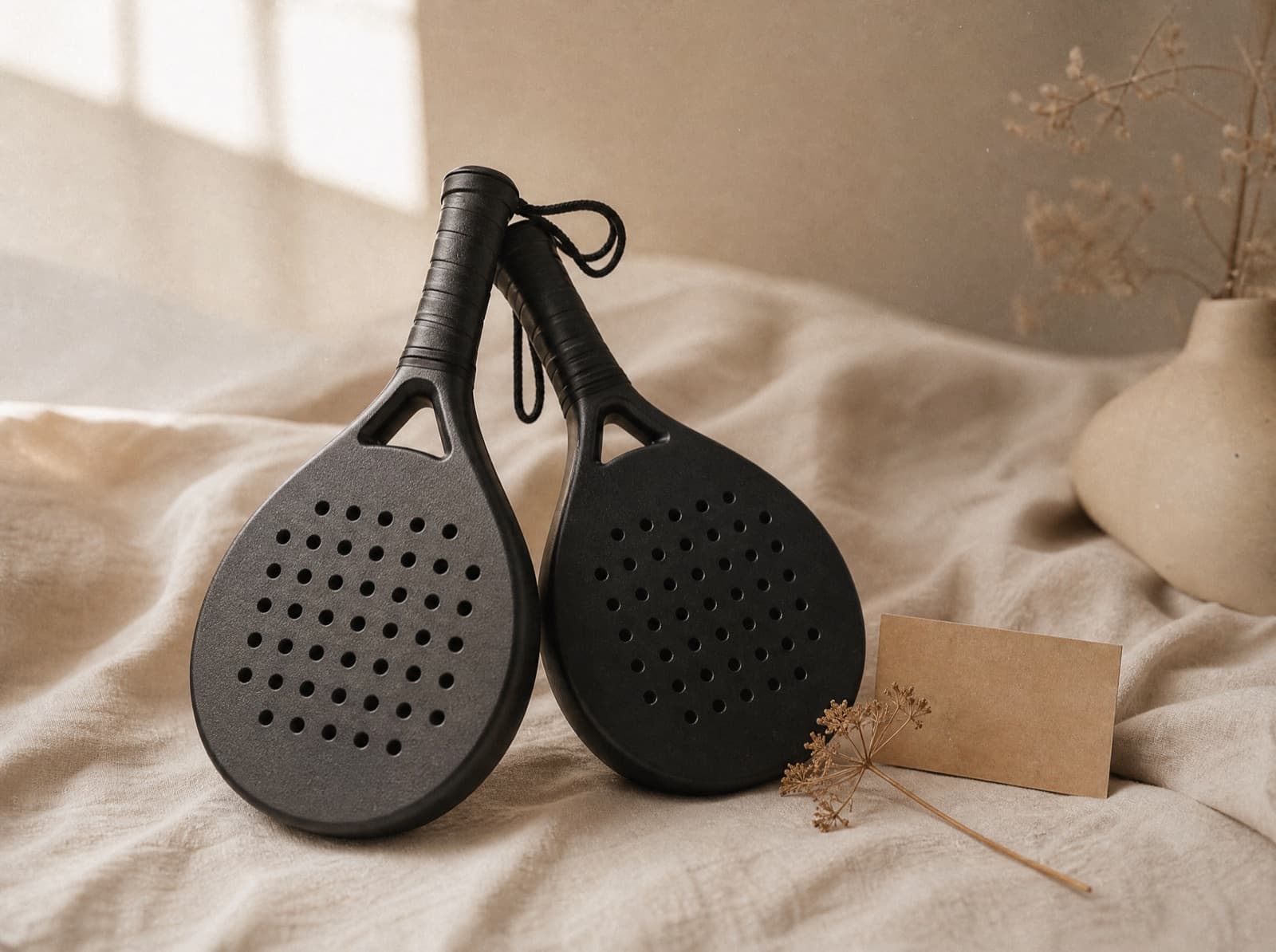 Twee custom padel rackets tegen elkaar aan op linnen, cadeau voor bruiloft of verjaardag