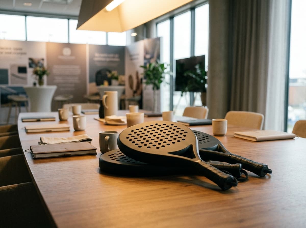 Drie custom padel rackets uitgestald op een tafel tijdens een zakelijk event