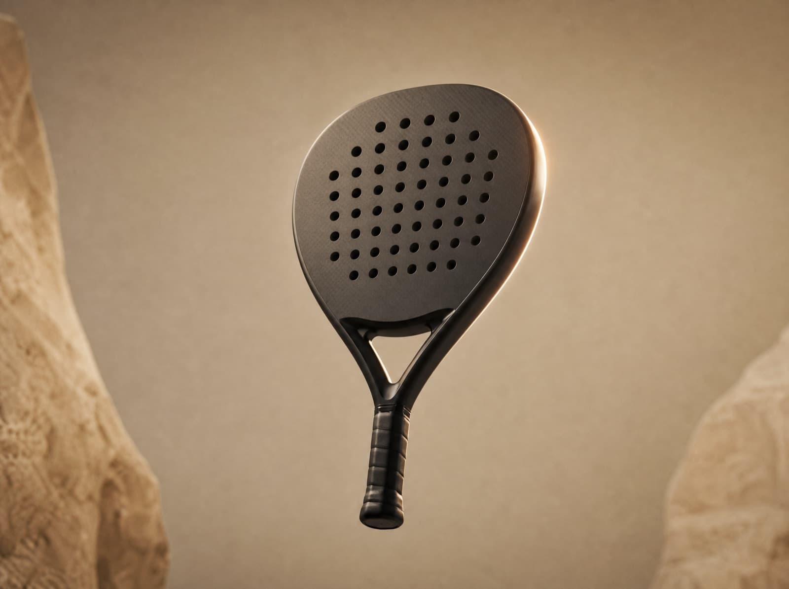 Custom padel racket zwevend tegen een zandkleurige achtergrond