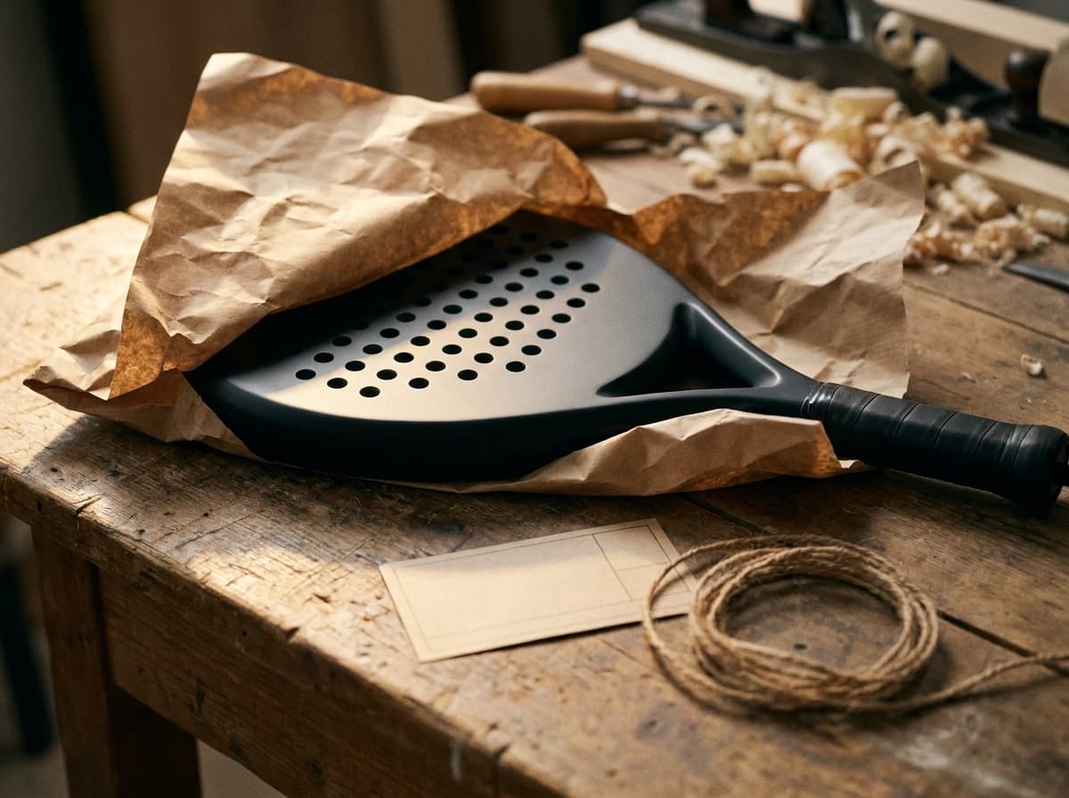 Custom padel racket verpakt in kraftpapier met een labeltje, klaar voor verzending