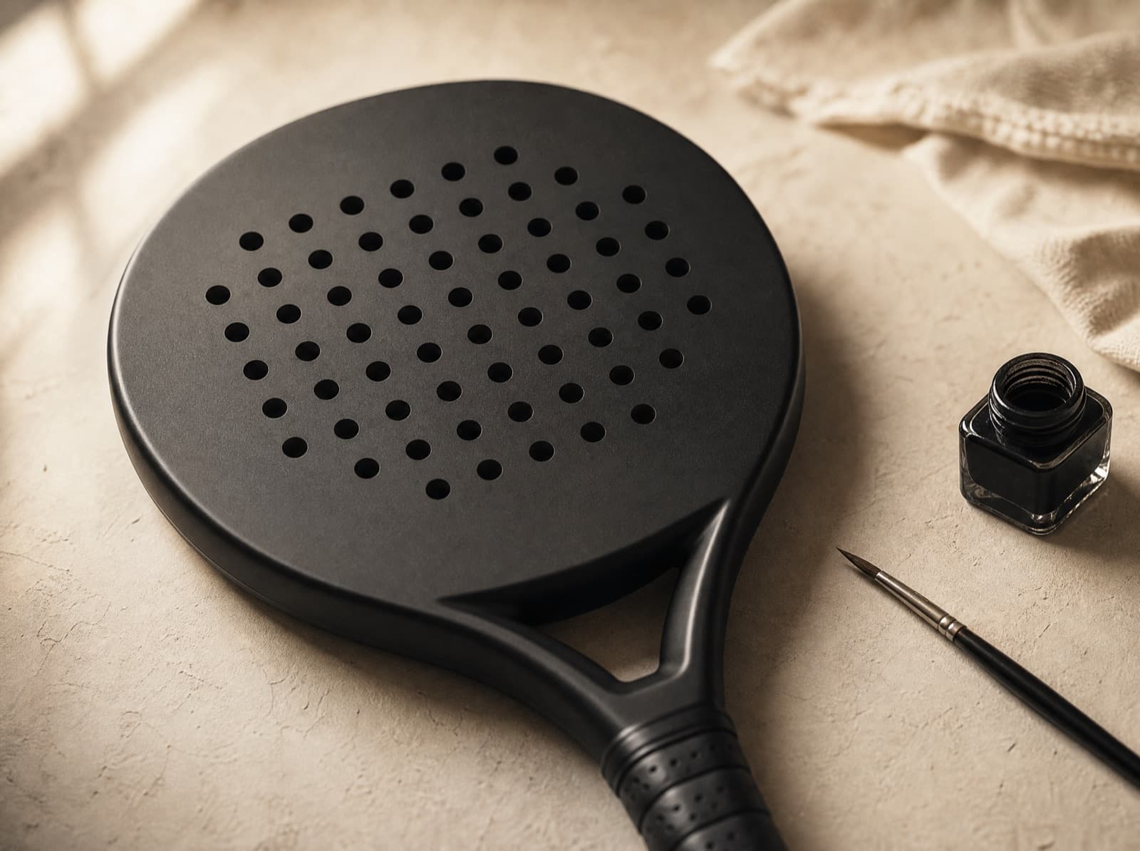Blanco zwart custom padel racket naast een penseel en inktpotje