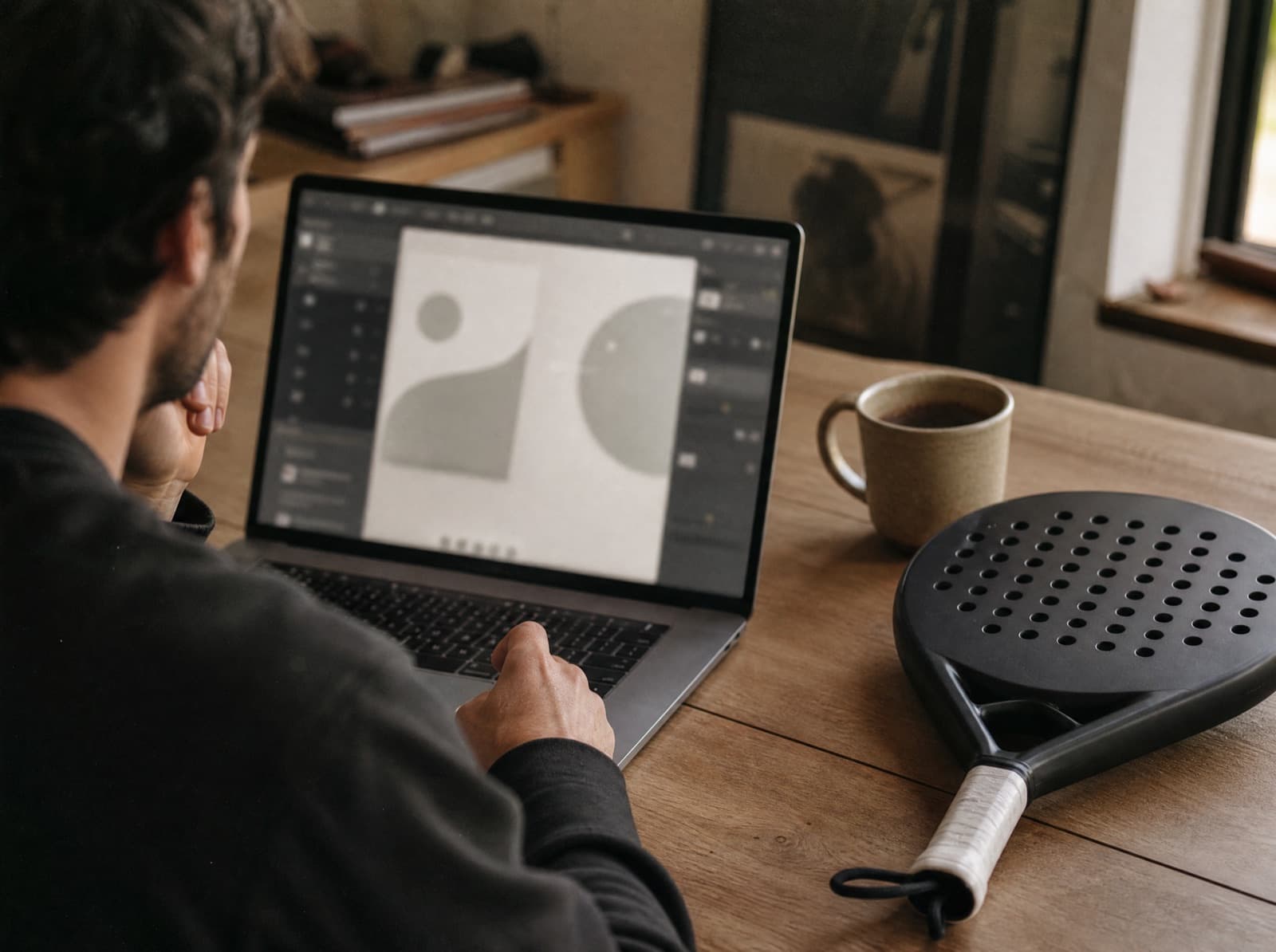 Iemand ontwerpt een padel racket op een laptop naast het echte racket