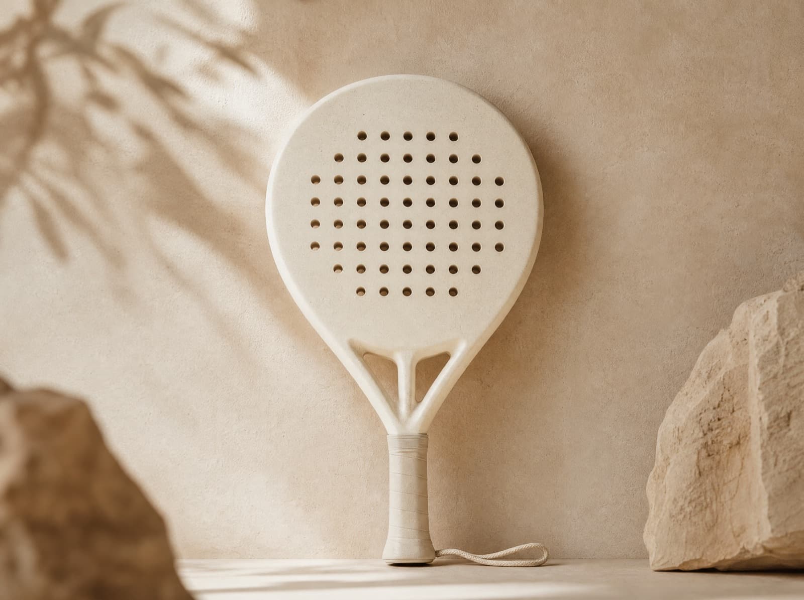 Crèmekleurig padel racket tegen een zandkleurige achtergrond