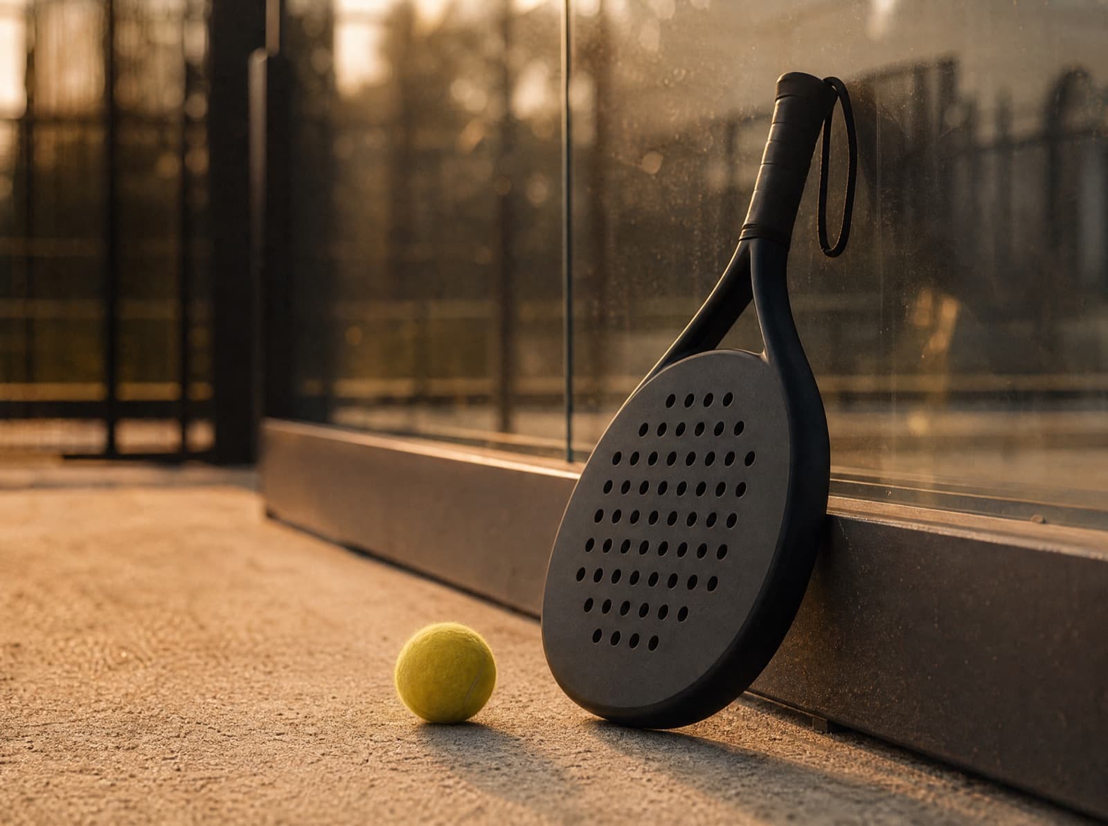 Custom padel racket tegen het glas van een padelbaan bij zonsondergang, met een bal ernaast