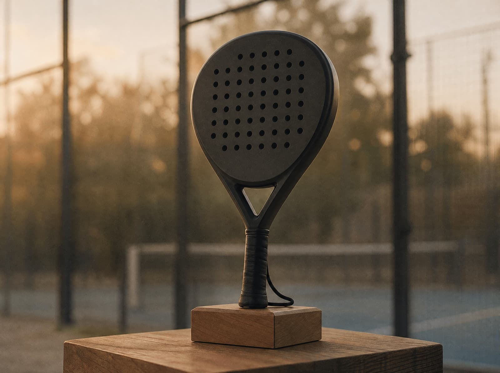 Custom padel racket op een houten podium met een padelbaan op de achtergrond