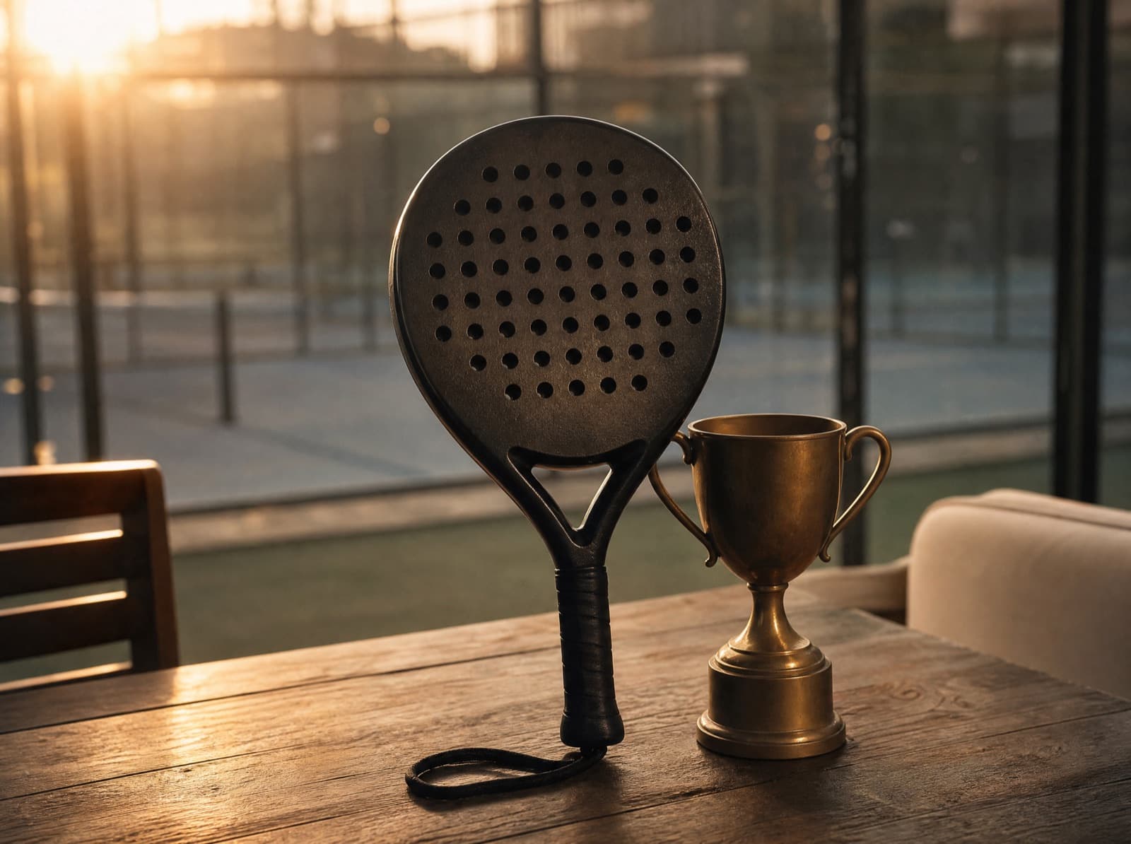 Custom padel racket naast een gouden bokaal op een houten clubtafel bij zonsondergang