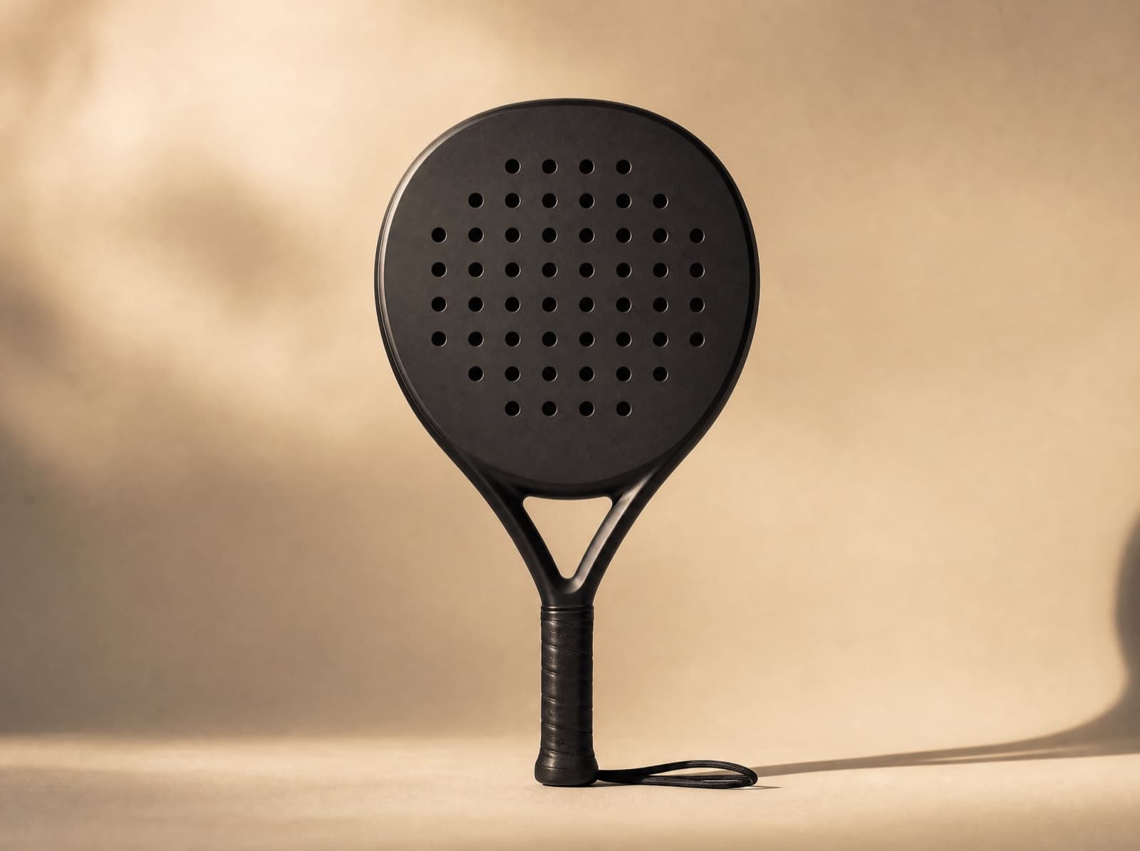 Custom padel racket rechtop tegen een crèmekleurige achtergrond