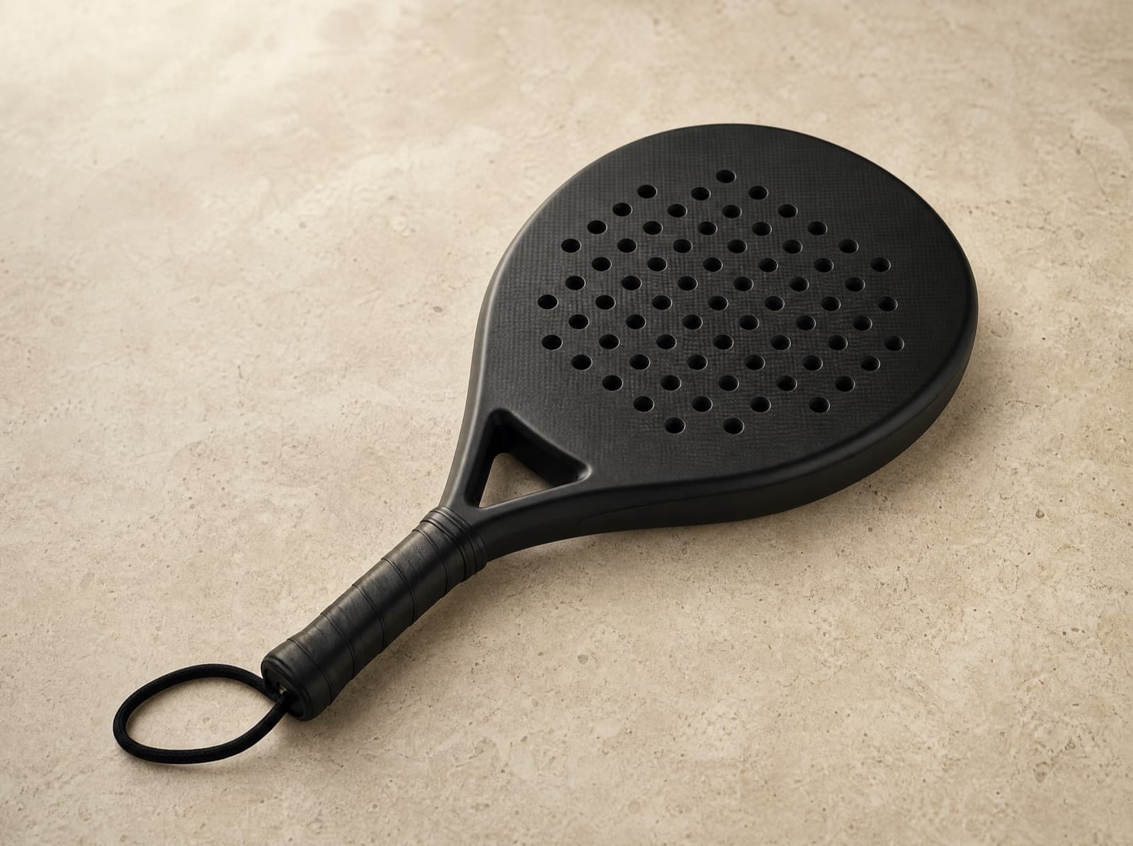 Custom padel racket op een crème stenen ondergrond