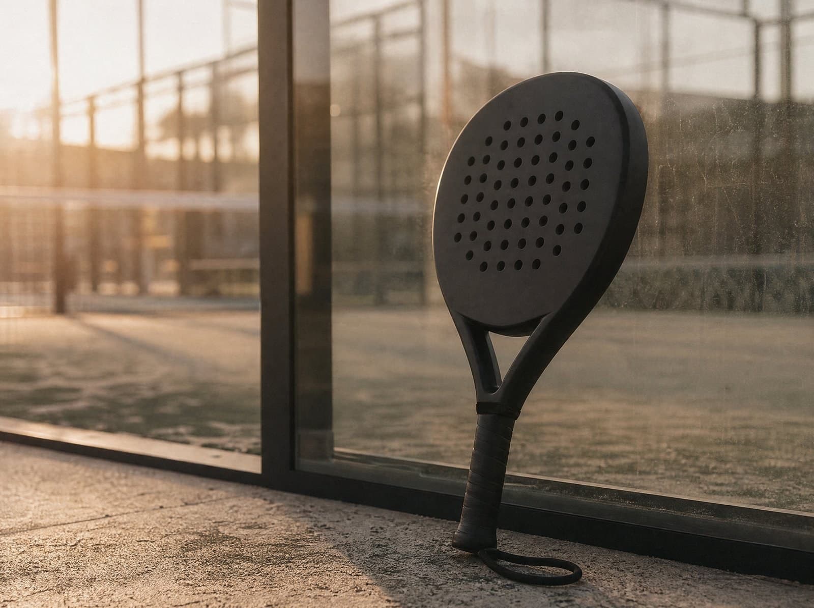 Padel racket met eigen ontwerp op een bank naast een padelbaan