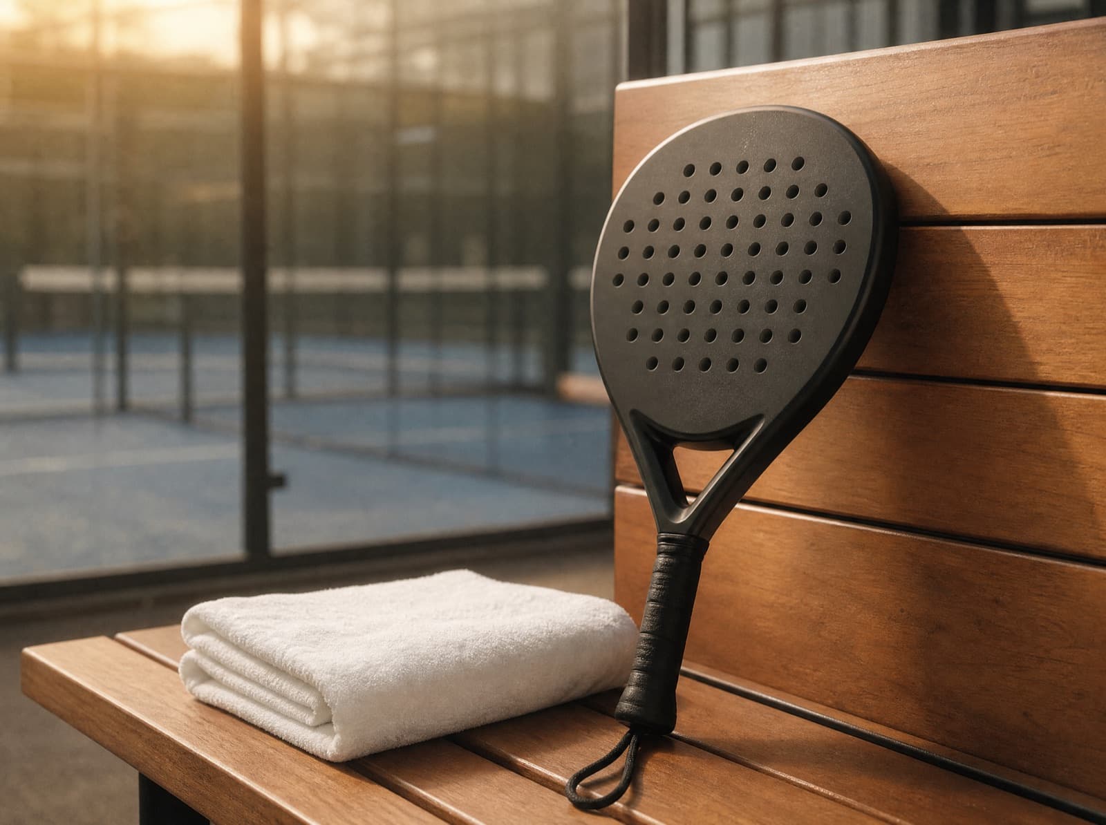 Padel racket tegen een houten bank met een handdoek, met achter het glas een padelbaan