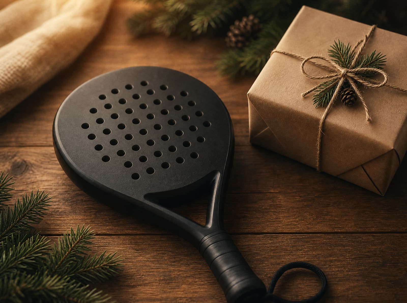 Black padel racket next to a Christmas present wrapped in kraft paper with pine branches