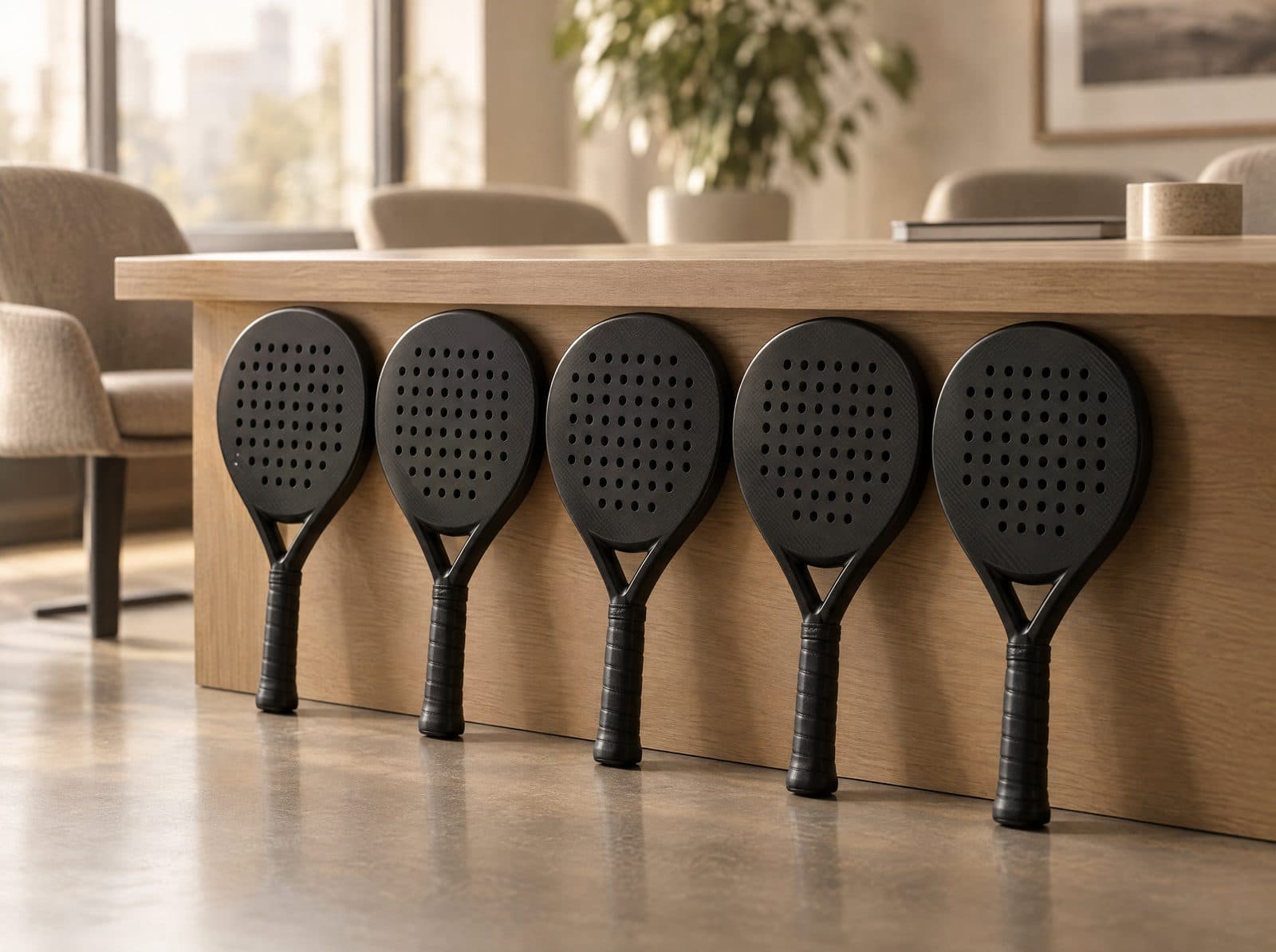 Vijf zwarte padel rackets naast elkaar tegen een eikenhouten vergadertafel