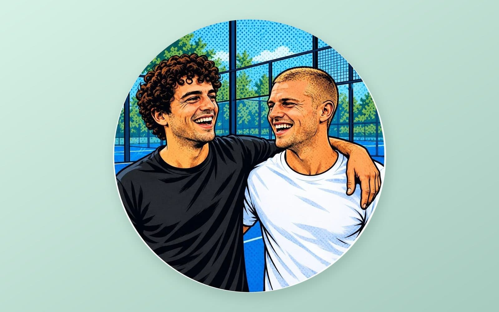 Voorbeeld uit de designer: twee padelvrienden als pop-art op de padelbaan, als kunstwerk van een foto van door AI verzonnen personen