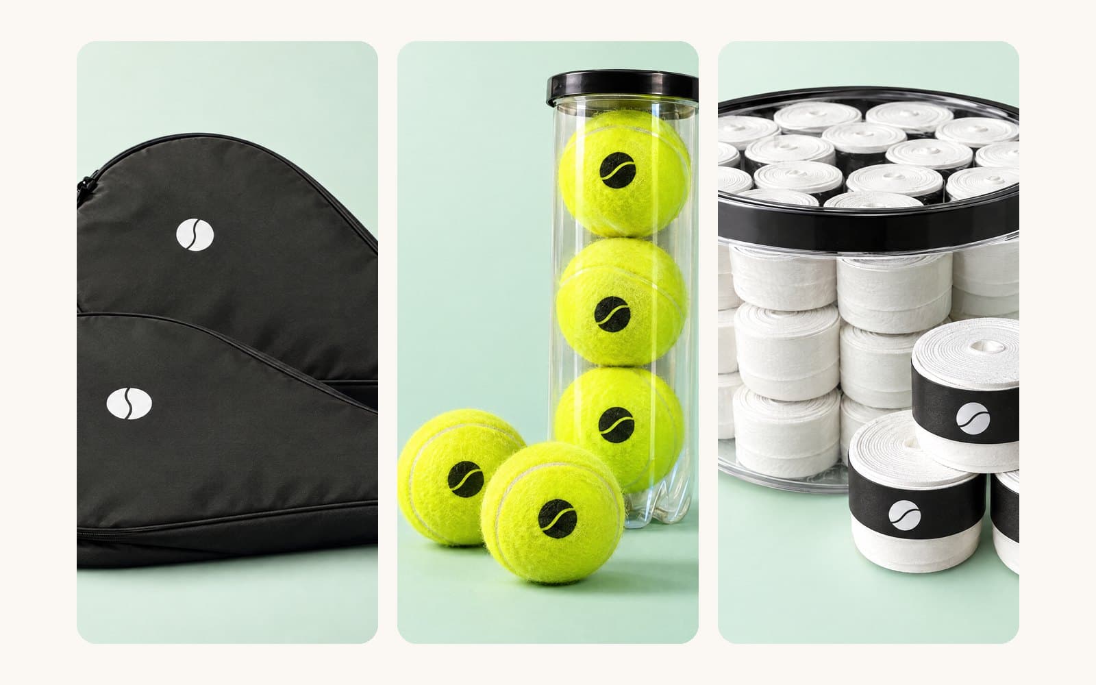 Visualisatie van zwarte padelhoezen, gele padelballen en witte overgrips met een voorbeeldlogo, op een mintgroene achtergrond